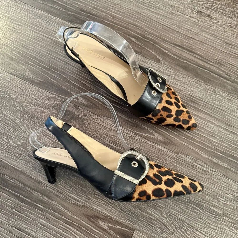 Nine West Leopard Buckle Pointed Toe Kitten Heel